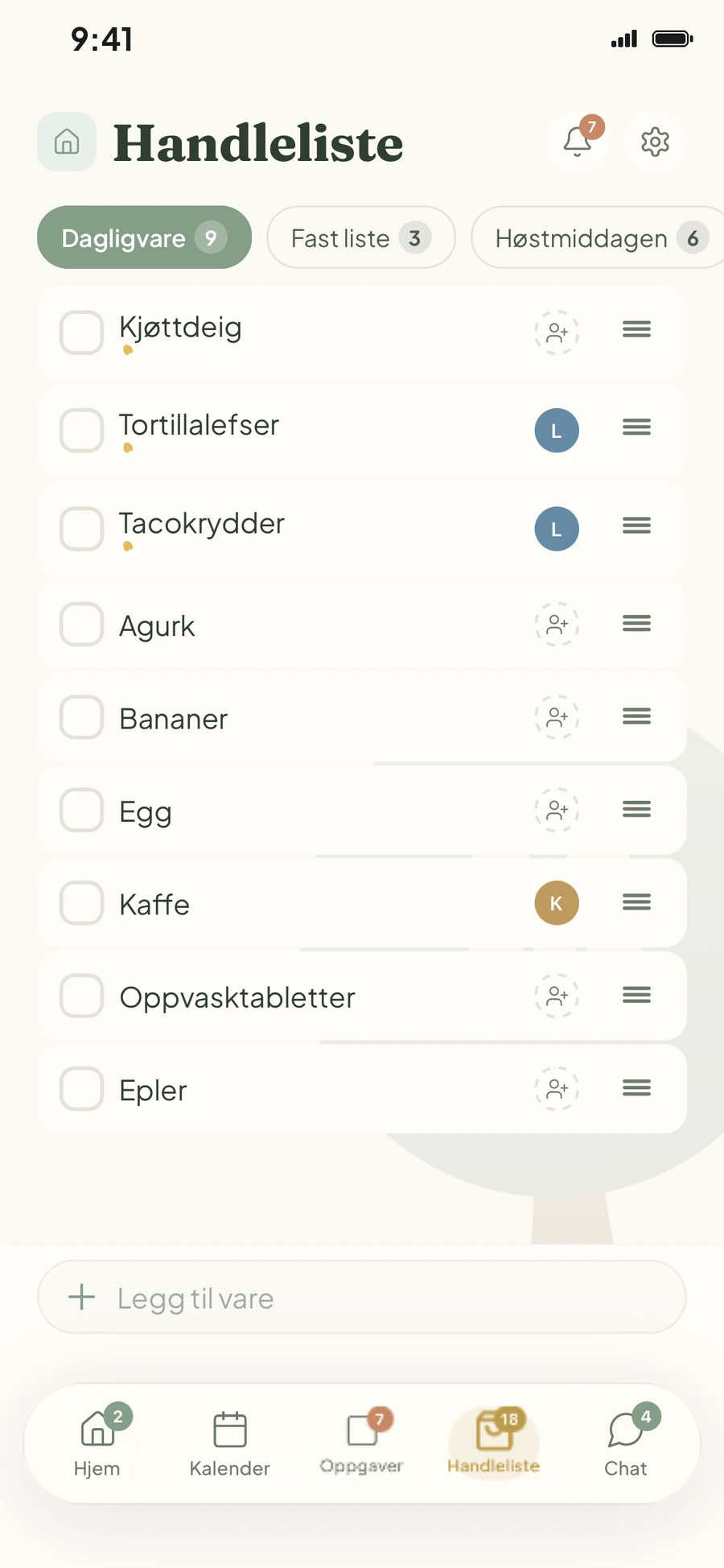 Den felles handlelista i Familien Samla